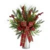 28" Holiday Winter Greenery, Berries & Plaid Bow Artificial Christmas Arrangement