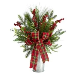 28" Holiday Winter Greenery, Berries & Plaid Bow Artificial Christmas Arrangement