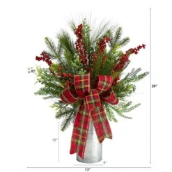 28" Holiday Winter Greenery, Berries & Plaid Bow Artificial Christmas Arrangement -Michaels Shop D479069S 2