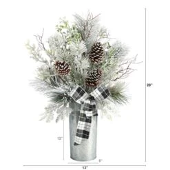 2.5ft. Frosted Greenery & Pinecone With Plaid Bow In Decorative Tin Artificial Christmas Arrangement -Michaels Shop D479070S 2