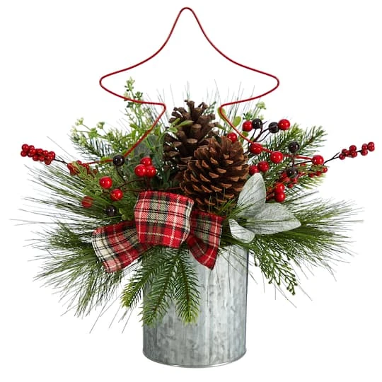 17" Pinecone & Berries Artificial Christmas Arrangement With Decorative Metal Vase & Wire Red Christmas Tree 3 17" Pinecone & Berries Artificial Christmas Arrangement With Decorative Metal Vase & Wire Red Christmas Tree