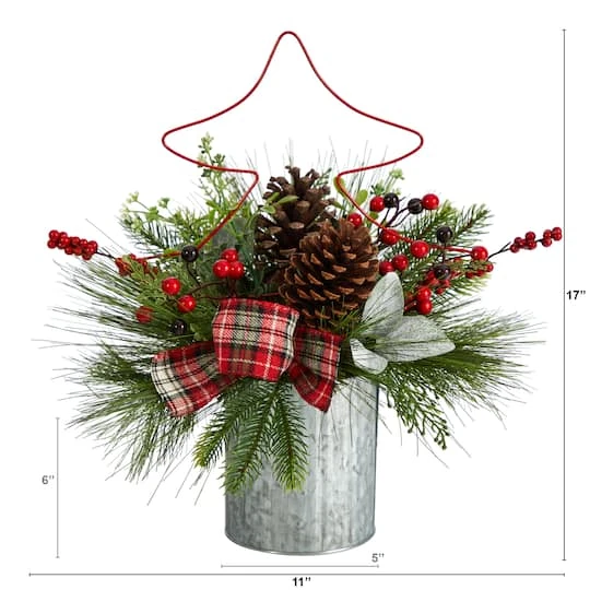 17" Pinecone & Berries Artificial Christmas Arrangement With Decorative Metal Vase & Wire Red Christmas Tree 6 17" Pinecone & Berries Artificial Christmas Arrangement With Decorative Metal Vase & Wire Red Christmas Tree - Image 4
