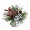 12" Frosted Pinecones & Berries Artificial Arrangement In Vase With Decorative Plaid Bow