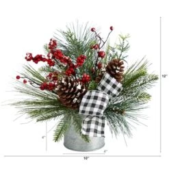 12" Frosted Pinecones & Berries Artificial Arrangement In Vase With Decorative Plaid Bow -Michaels Shop D479072S 2