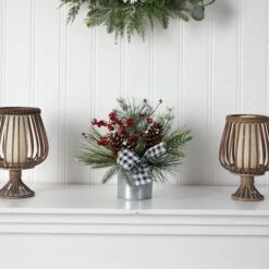 12" Frosted Pinecones & Berries Artificial Arrangement In Vase With Decorative Plaid Bow -Michaels Shop D479072S 3