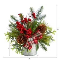 12" Holiday Winter Pinecones, Berries, Greenery & Plaid Bow Arrangement -Michaels Shop D479075S 2