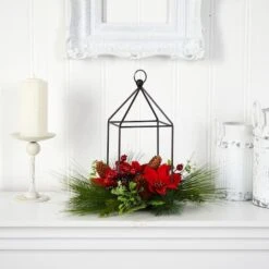 14" Christmas Poinsettia, Berry & Pinecone Metal Candle Holder Artificial Table Arrangement -Michaels Shop D479077S 3