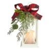 12" White Lantern With Berries, Pine & Plaid Bow Artificial Christmas Table Arrangement With LED Candle