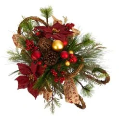 18" Christmas Sleigh With Poinsettia, Berries & Pinecone Artificial Arrangement With Ornaments -Michaels Shop D479083S 4