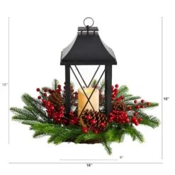 16" Christmas Berries, Pinecones & Greenery With Lantern And LED Candle Artificial Table Arrangement -Michaels Shop D479084S 2