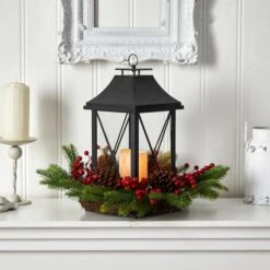 16" Christmas Berries, Pinecones & Greenery With Lantern And LED Candle Artificial Table Arrangement -Michaels Shop D479084S 3