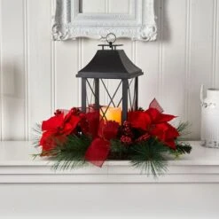 15" Red Poinsettia, Pinecone & Greenery Lantern With LED Candle Artificial Christmas Arrangement -Michaels Shop D479085S 3