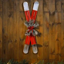 Glitzhome® 35" Red Wooden & Galvanized Ski Porch Décor -Michaels Shop D479466S 4