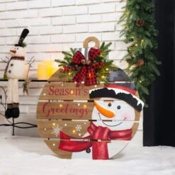Glitzhome® 30" Lighted Round Wooden Snowman Porch Décor With Timer -Michaels Shop D479470S 2