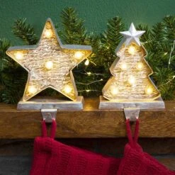 Glitzhome® 8" Marquee LED Christmas Tree & Star Wooden & Metal Stocking Holder Set -Michaels Shop D479484S 2