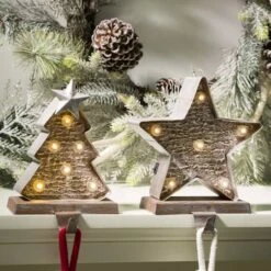 Glitzhome® 8" Marquee LED Christmas Tree & Star Wooden & Metal Stocking Holder Set -Michaels Shop D479484S 3