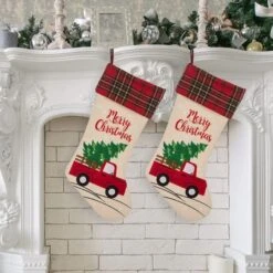 Glitzhome® 21" Red Truck Embroidered Linen Stocking, Set Of 2 -Michaels Shop D479588S 2