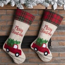 Glitzhome® 21" Red Truck Embroidered Linen Stocking, Set Of 2 -Michaels Shop D479588S 3