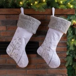 Glitzhome® 21" White Fleece Stocking With Christmas Tree & Snowflake, 2ct. -Michaels Shop D479598S 2