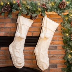 Glitzhome® 24" White Knitted Polyester Christmas Stocking With Pom Pom, 2ct. -Michaels Shop D479601S 2