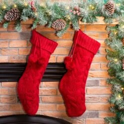 Glitzhome® 24" Red Knitted Polyester Christmas Stocking With Pom Pom, 2ct. -Michaels Shop D479603S 2