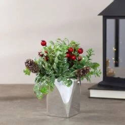 Northlight 8" Green & Silver Potted Artificial Boxwood With Berries Christmas Arrangement -Michaels Shop D491643S 2