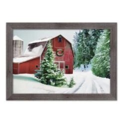 Designs Direct 30" X 20" Snowy Red Barn Western Gray Framed Print
