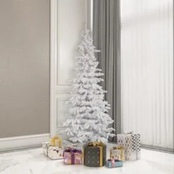 6.5ft. Pre-Lit Flocked White Slim Artificial Christmas Tree, Warm White LED Lights -Michaels Shop D522354S 2