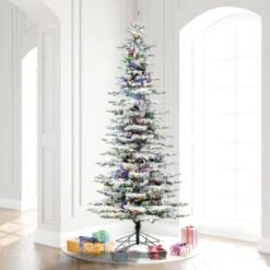9ft. Pre-Lit Flocked Utica Fir Slim Artificial Christmas Tree, Multi-Colored LED Lights -Michaels Shop D522359S 2