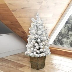 3ft. Pre-Lit Flocked Gifford Slim Potted Pine Artificial Christmas Tree, Warm White LED Lights -Michaels Shop D522587S 2