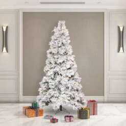7.5ft. Pre-Lit Flocked Atka Artificial Christmas Tree, Warm White Wide Angle Low Voltage LED Lights -Michaels Shop D522627S 2