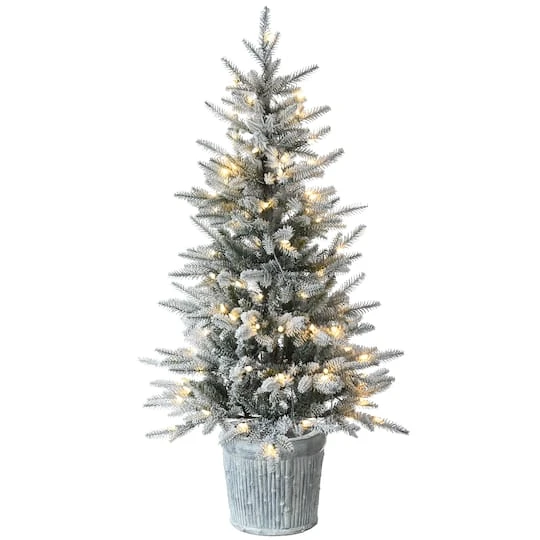 4.5ft. Pre-Lit Flocked Alpine Fir Entrance Tree In Gray Pot, Clear LED Lights 3 4.5ft. Pre-Lit Flocked Alpine Fir Entrance Tree In Gray Pot, Clear LED Lights