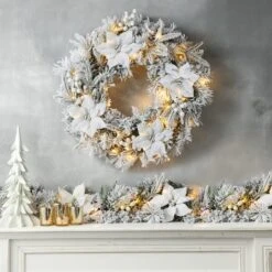 Glitzhome® 24" Pre-Lit Snow Flocked Greenery Pine Poinsettia Christmas Wreath -Michaels Shop D652255S 2