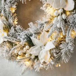 Glitzhome® 24" Pre-Lit Snow Flocked Greenery Pine Poinsettia Christmas Wreath -Michaels Shop D652255S 5