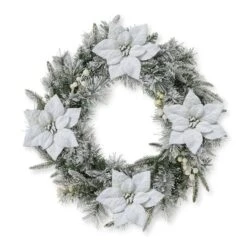 Glitzhome® 24" Pre-Lit Snow Flocked Greenery Pine Poinsettia Christmas Wreath -Michaels Shop D652255S 7