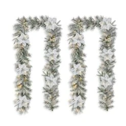 Glitzhome® 2 Pack 9ft. Pre-Lit Snow Flocked Greenery Pine Poinsettia Christmas Garland