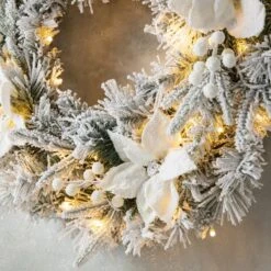 Glitzhome® 24" Pre-Lit Snow Flocked Greenery Pine Poinsettia Christmas Wreath & Matched 2 Pack 9ft. Garland Set -Michaels Shop D652258S 4