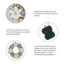 Glitzhome® 24" Pre-Lit Snow Flocked Greenery Pine Poinsettia Christmas Wreath & Matched 2 Pack 9ft. Garland Set -Michaels Shop D652258S 7