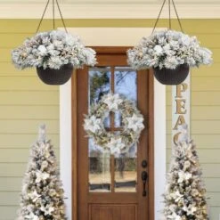 Glitzhome® 24'' Pre-Lit Snow Flocked Christmas Artificial Pine Poinsettia Hanging Baskets, 2ct. -Michaels Shop D652356S 2