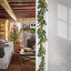 9" Christmas Magnolia Mix Pine Garland With Fabric Bow, Warm White LED Lights -Michaels Shop D675899S 2