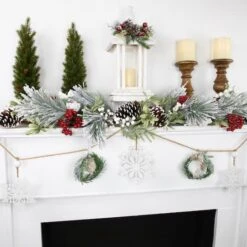 Northlight 4.75ft. Snowflake & Frosted Pine With Wooden Beads Christmas Garland -Michaels Shop D676709S 12